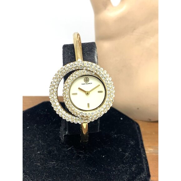 Tory Burch Women's Watch TBW7026 Cream Dial Quartz Bangle Swirl Gems Gold Steel - Picture 14 of 15
